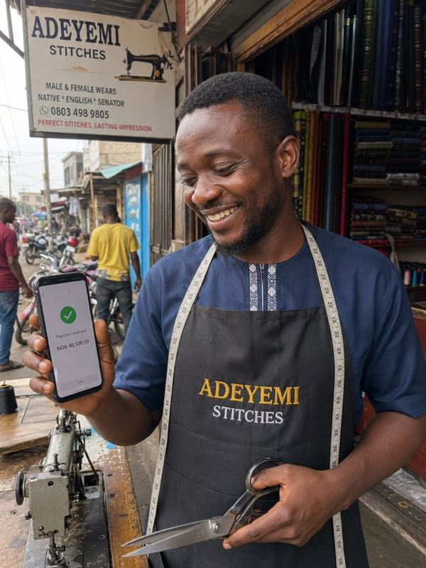 A tailor checks a payment confirmation on his phone outside his shop