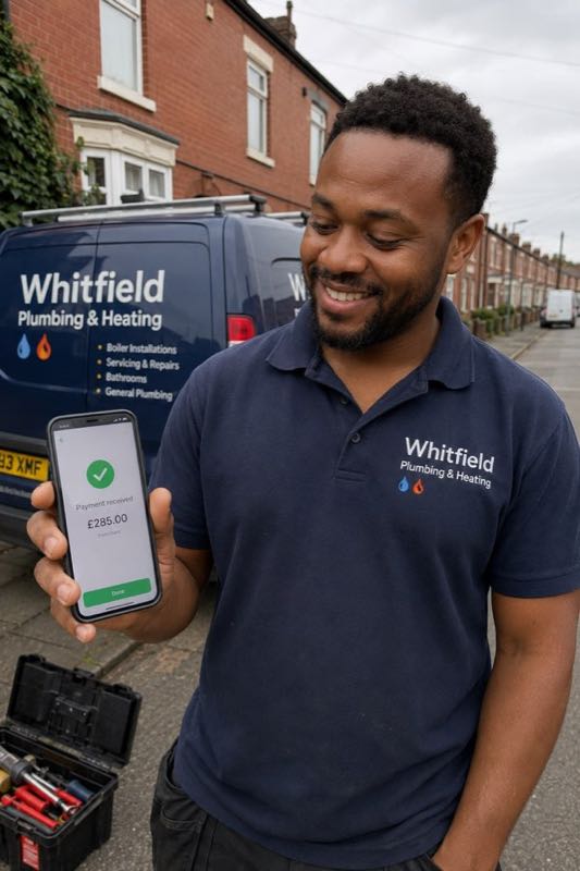 A plumber smiles at a payment received notification on his phone
