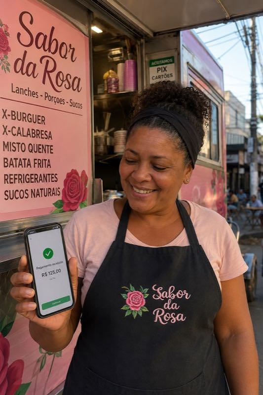 A food truck owner smiles at a payment received notification on her phone