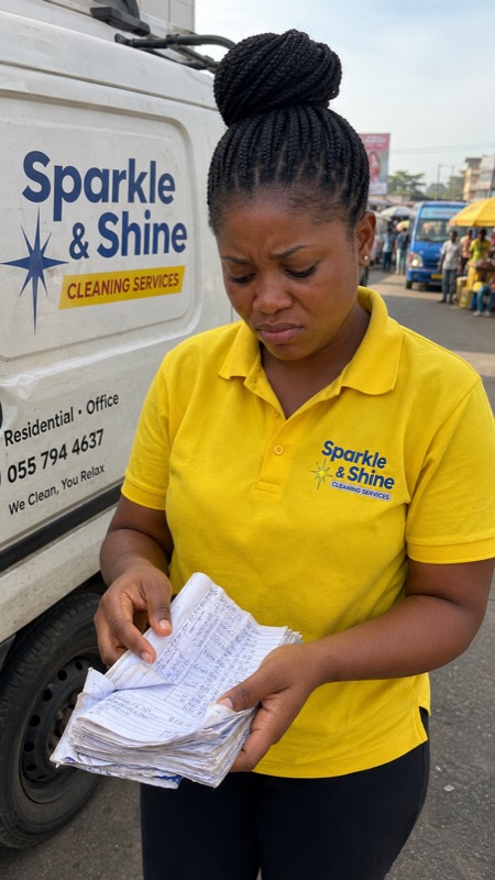 A cleaning business owner looks frustrated at a pile of handwritten receipts beside her van