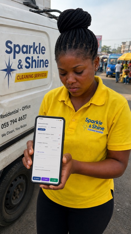 The same cleaning business owner types a new invoice into KraaFo on her phone